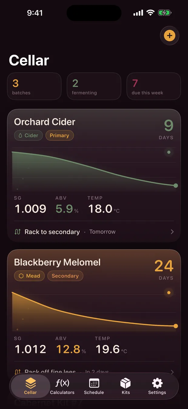 Brixa Cellar screen: three batches with gravity curves, SG, ABV and temperature, and the next scheduled step on each card.
