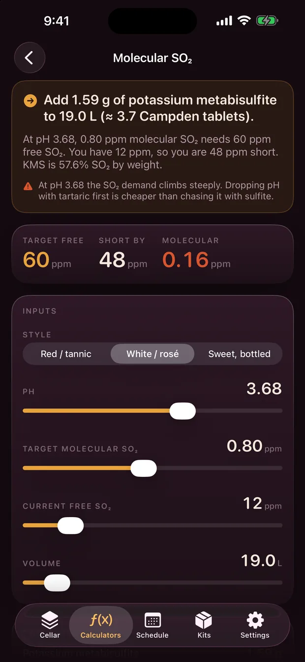 Brixa molecular SO₂ calculator showing the instruction to add 1.59 g of potassium metabisulfite to 19.0 L, with pH, target and current free SO₂ inputs.