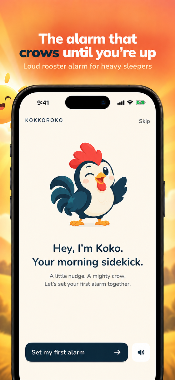 Koko, the rooster, greets you in onboarding
